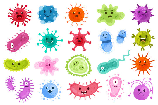 Bacteria, microbes, cute germs and viruses cartoon characters with funny faces