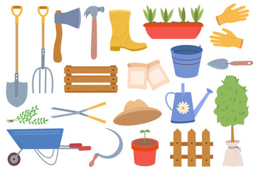 Gardening tools and plants set. Rubber boots, seedling, gardening can and cutter. Fertilizer, glove