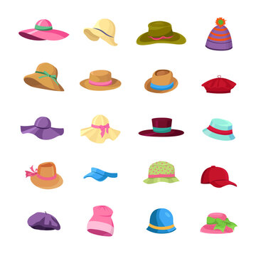 Cartoon headwears. Summer male and female fashion hats, cap, beret, cylinder and straw hat
