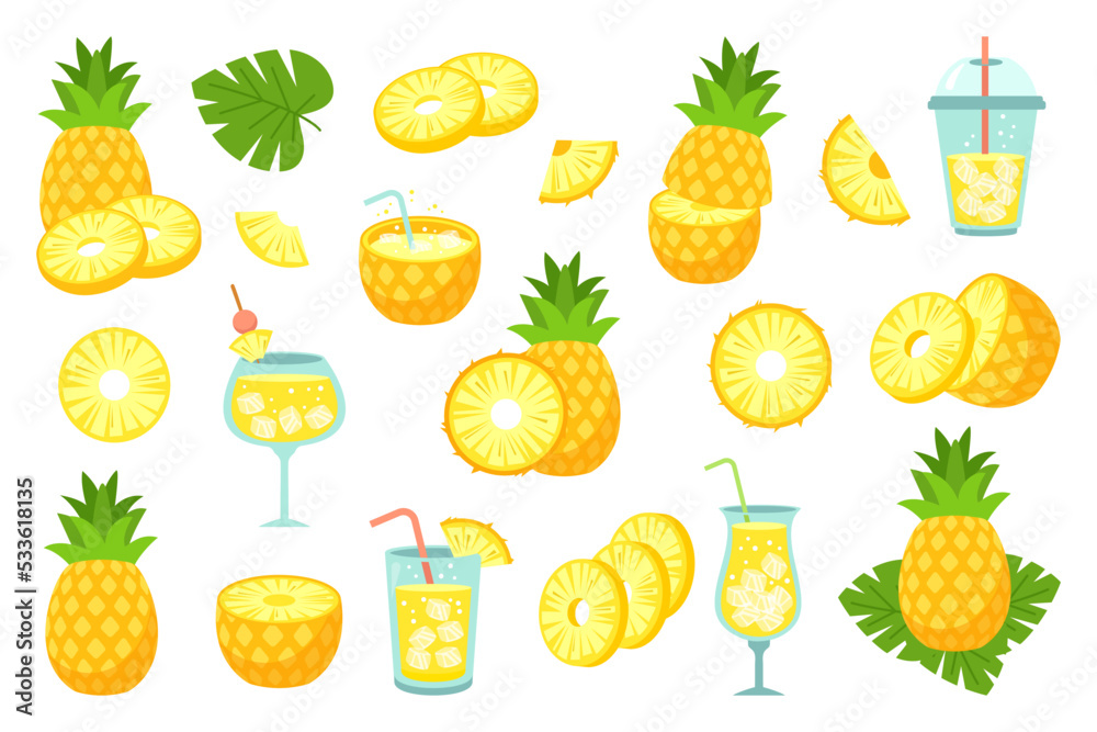 Poster pineapple elements set. whole and slice fresh fruit, jar of lemonade, glass with juice and cocktail