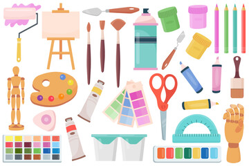 Drawing supplies set. Artists tools, brush, paint, scissors, palette, easel, paintbrush, canvas