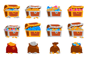 Treasure chest and bags set. Cartoon fantasy pirate wooden boxes with golden coins, jewelry gems