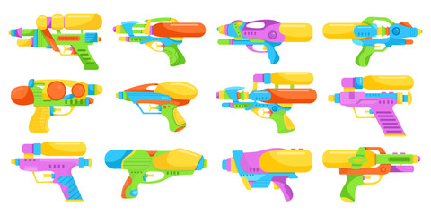 Cartoon kids toy weapons, water guns, pistols set. Plastic handguns and rayguns for summer games