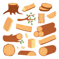 Wooden timbers set. Tree trunk, woodwork planks and logging twigs, lumber industry