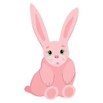 cute pink rabbit sitting.cartoon bunny, green eyes