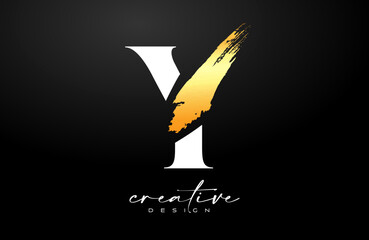 Golden Stroke Letter Y logo desgn with Artistic Colorful Blue Purple Paintbrush Stroke Vector