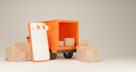 E-commerce concept, Delivery service on mobile application, Transportation delivery by truck. 3D rendering.