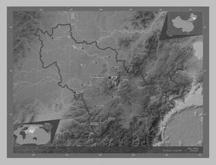 Jilin, China. Grayscale. Labelled points of cities