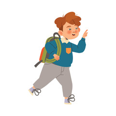 Boy First Grader with Backpack Cheering and Having Fun Vector Illustration