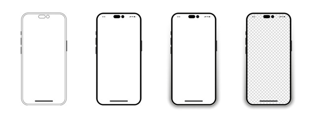 Set of realistic models smartphone with transparent screens. Smartphone mockup collection. Phone mockup in front. Mobile phone with shadow. Realistic, flat and line style. Vector EPS 10 - obrazy, fototapety, plakaty