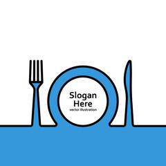 Plate knife fork. Landing page for invitations to restaurants and eating places. One line art. Continuous outline drawing. Decoration for cafe or kitchen and menu. Vector illustration flat design.