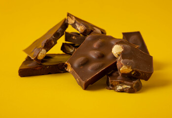 Pieces of chocolate with almond nuts on yellow.
