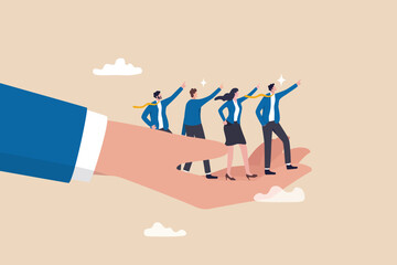 Company culture or employees sharing the same value, goals and attitude to make up organization and corporate success concept, business people employees pointing to the same goal in company hand. - obrazy, fototapety, plakaty