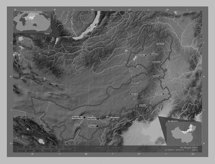 Nei Mongol, China. Grayscale. Labelled points of cities