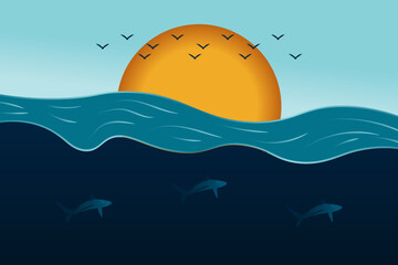 Vector illustration of a sunset background in the middle of the sea.