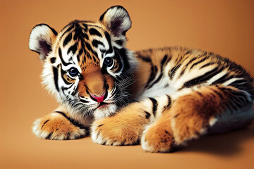 Obraz premium Cute baby tiger lying in studio as animal wildlife illustration