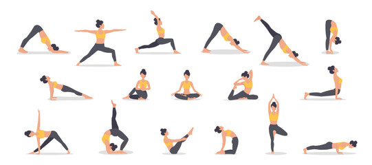 Set of poses woman doing yoga and fitness. Collection of female cartoon yoga positions isolated on white background. Full body yoga workout, eps 10