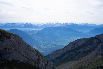 Naklejka na ściany i meble Lucerne's very own mountain, Pilatus, is one of the most legendary places in Central Switzerland. And one of the most beautiful. On a clear day the mountain offers a panoramic view of 73 Alpine peaks