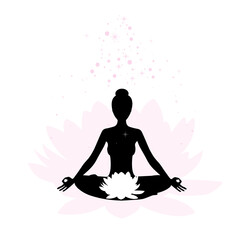 Fototapeta na wymiar Yoga logo. Silhouette of a meditating woman with a lotus flower on the root chakra. Vector illustration