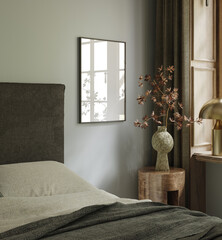 Fototapeta Frame mock-up in home interior background with bed and decor in bedroom, 3d render obraz