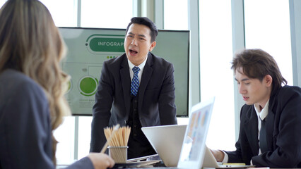 Asian senior management manager walking into the meeting room and throwing a pack of paper and documents on the conference table and shouting - blaming to other people.