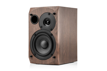 Fototapeta premium Music speakers on white background. Audio technica. Bookshelf speaker system for home entertainment.