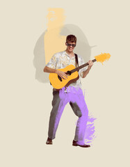 Contemporary art collage. Young stylish man playing guitar. 90s fashion style. Pastel artwork
