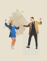 Contemporary art collage. Beautiful young couple at the party, dancing. Pastel artwork. 60s fashion...