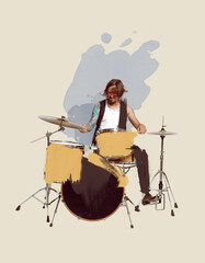 Contemporary art collage. Young man playing drums, performing lively. Expression of feelings....