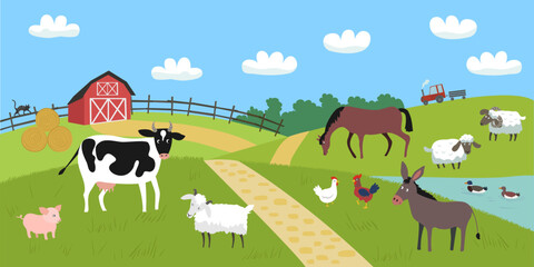 Landscape with red farm and animals. Cow, sheep, horse, donkey, pig, rooster and hen, ducks, goat and cat. Vector flat illustration
