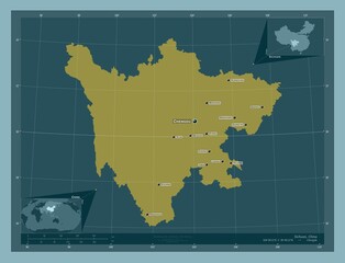 Sichuan, China. Solid. Labelled points of cities