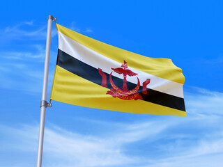 Beautiful Brunei flag waving with sky background - 3D illustration - 3D render - obrazy, fototapety, plakaty