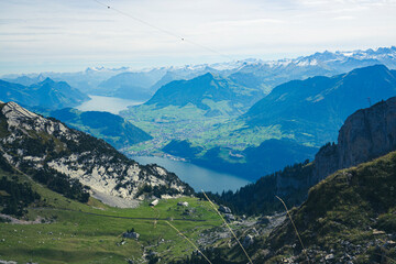 Fototapeta na wymiar Lucerne's very own mountain, Pilatus, is one of the most legendary places in Central Switzerland. And one of the most beautiful. On a clear day the mountain offers a panoramic view of 73 Alpine peaks