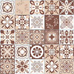 Azulejo talavera spanish ceramic tiles floral symmetrical traditional pattern, brown beige monochrome vintage background, vector illustration