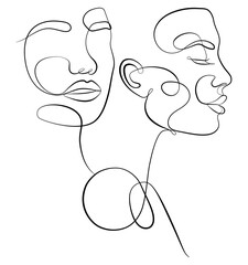 The hand draws faces with one continuous line. Fashionable Minimalism Style. Abstract portrait. Love. Couple. Vector Design For Valentine's Day Cards, Wedding Invitations, Tattoos.