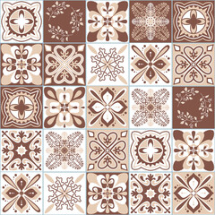 Azulejo talavera spanish ceramic tiles floral symmetrical traditional pattern, brown beige monochrome vintage background, vector illustration