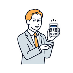 電卓で見積り金額を提示するスーツの男性のシンプルなベクターイラスト素材