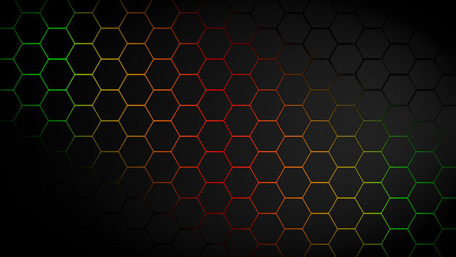 3d hexagon black background. Technology abstract geometry dark backdrop with honeycomb and neon texture. Science, technology, network concept