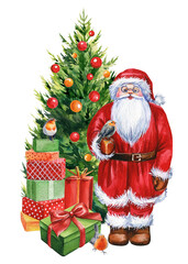 Watercolor Santa Claus and gift isolated on white background. New year holiday. 