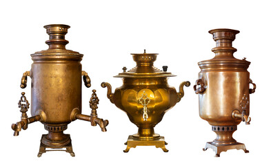 Collection of vintage samovars on white background isolated
