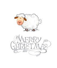 Vector new year card with cute sheep and text "Merry Christmas ". Winter holiday background with cute hand drawing character.