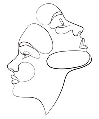 Two faces, one line drawing an illustration of fashionable women. Abstract women's faces touch one line of the vector drawing. Portrait in a minimalist style. Modern art of continuous line.