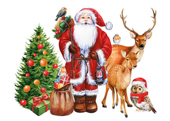 New year holiday. watercolor Santa Claus, deer, bird and Christmas tree isolated on white background
