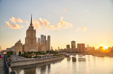 Moscow, Russia - 30.07.2022: View of the Ukraine Hotel, the Moscow City business center and the...