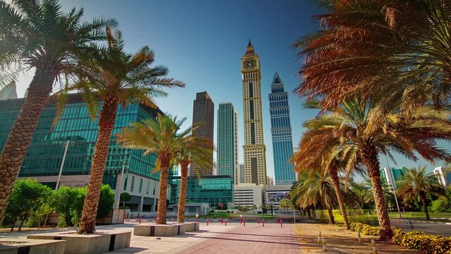 sunny day dubai city downtown buildings street view 4k time lapse uae