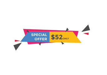 $52 USD Dollar Month sale promotion Banner. Special offer, 52 dollar month price tag, shop now button. Business or shopping promotion marketing concept
