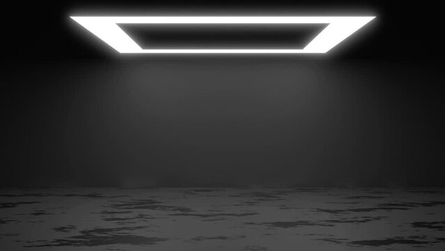 square frame neon white light for product background stage or podium pedestal on grunge street floor with glow spotlight and blank display platform. 3D rendering.