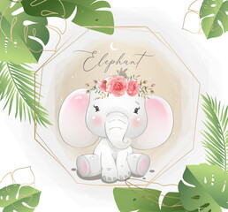 Cute doodle elephant with leaves and moon illustration