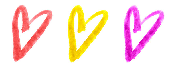 Symbolic Heart. Paint stroke. Digital art. Bright red, purple and yellow color. Realistic watercolor effect and paper texture. Isolated on white background. Simple graphic design element.