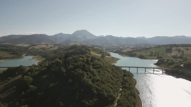 A drone shot from Cingoli lake (Castreccioni). A little town of Italy that has an artificial lake